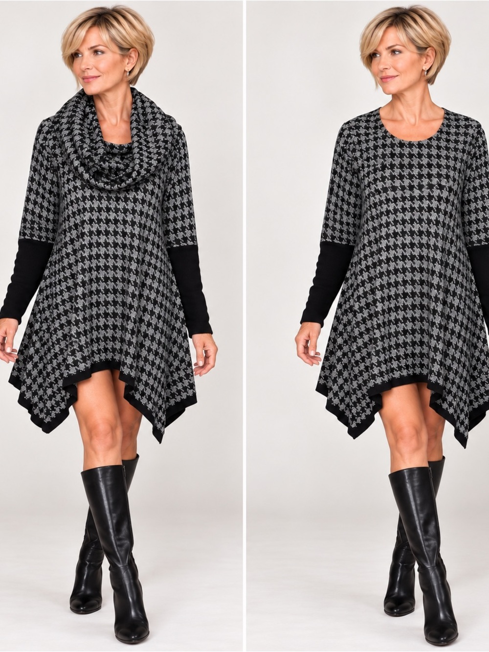 Womens Black & Gray Houndstooth Swing Dress, Small by Design Today